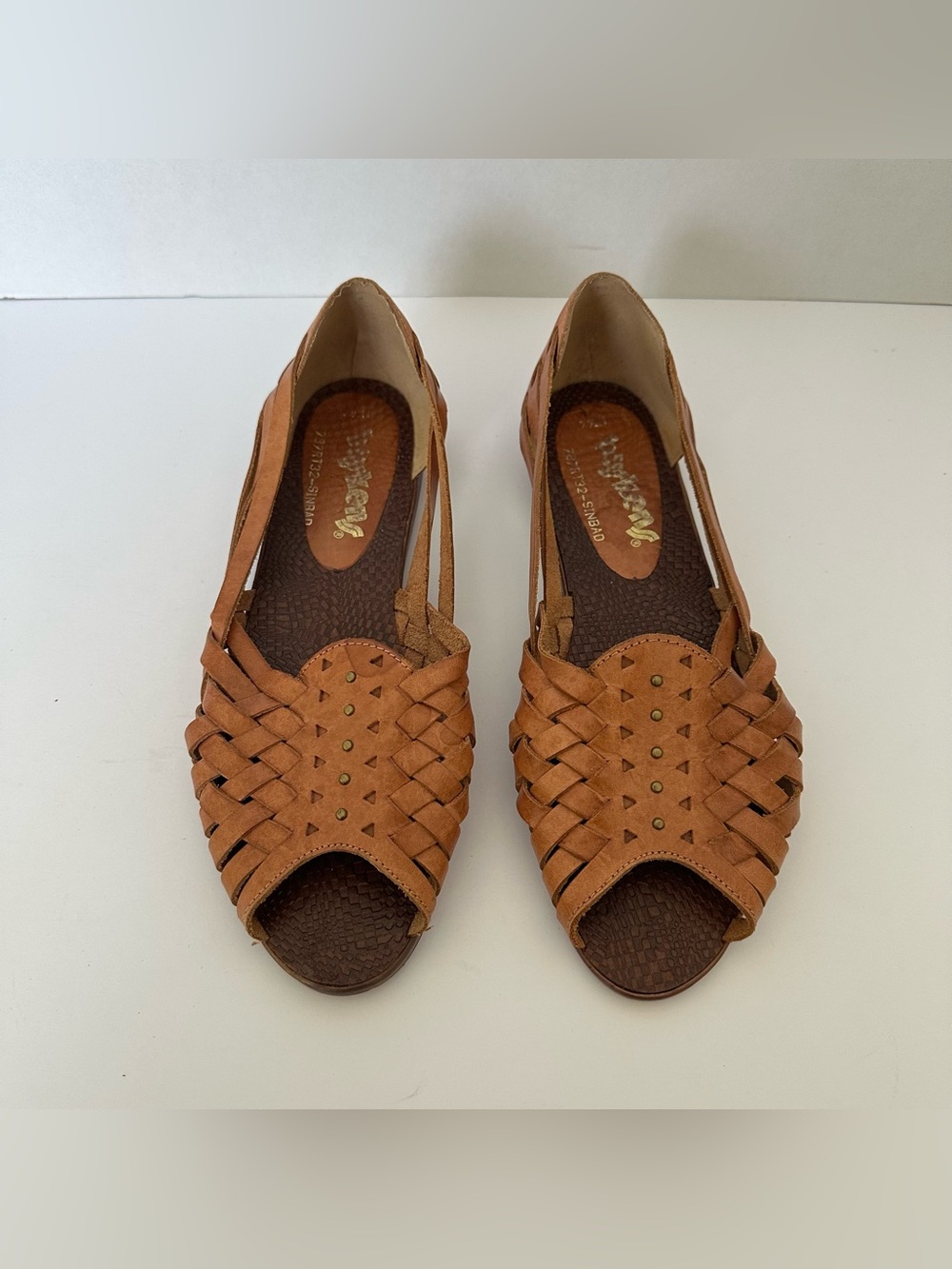 Buskens Women's Brown/Tan Leather Woven Peep Toe Sandals 7.5